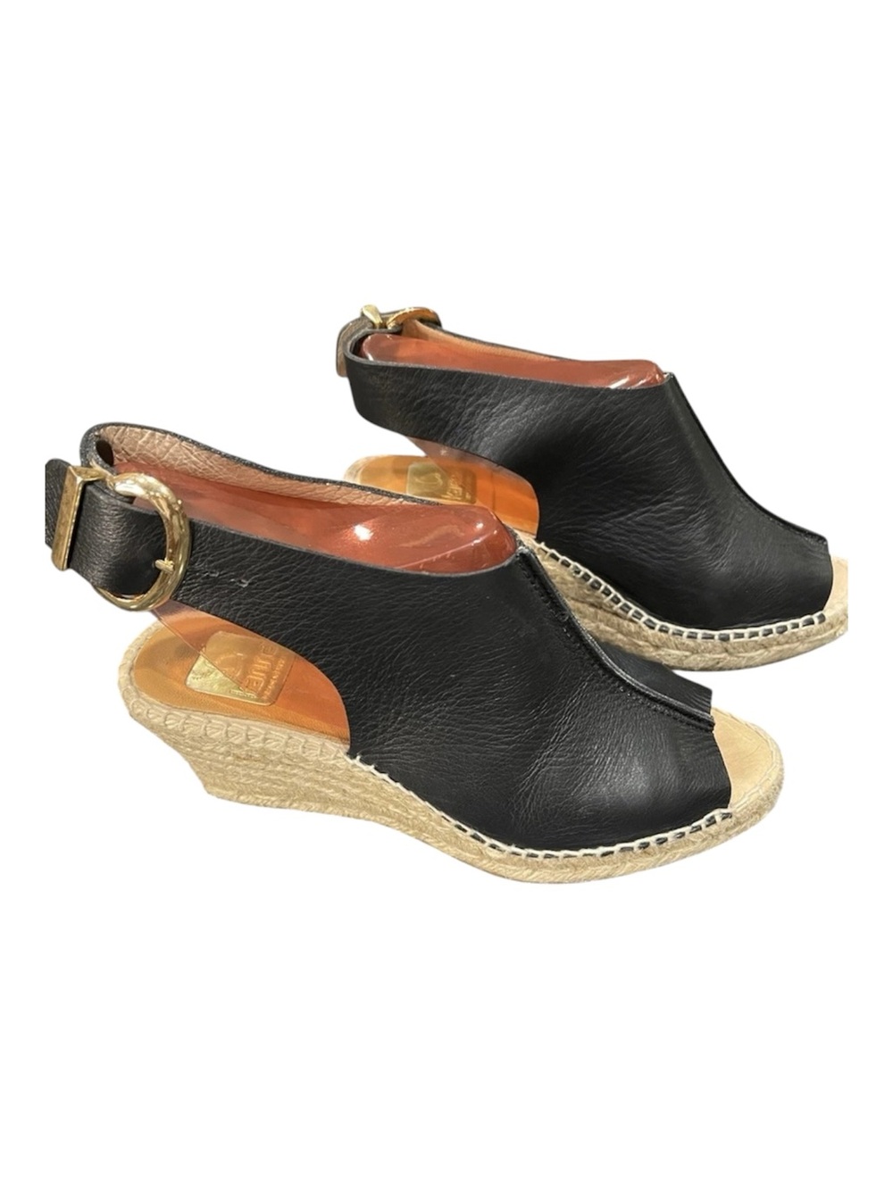 Kanna womenβs 9 Made in Spain black leather wedge espadrilles